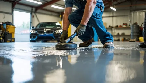 Professional contractor applying a glossy gray garage floor coating in a residential garage